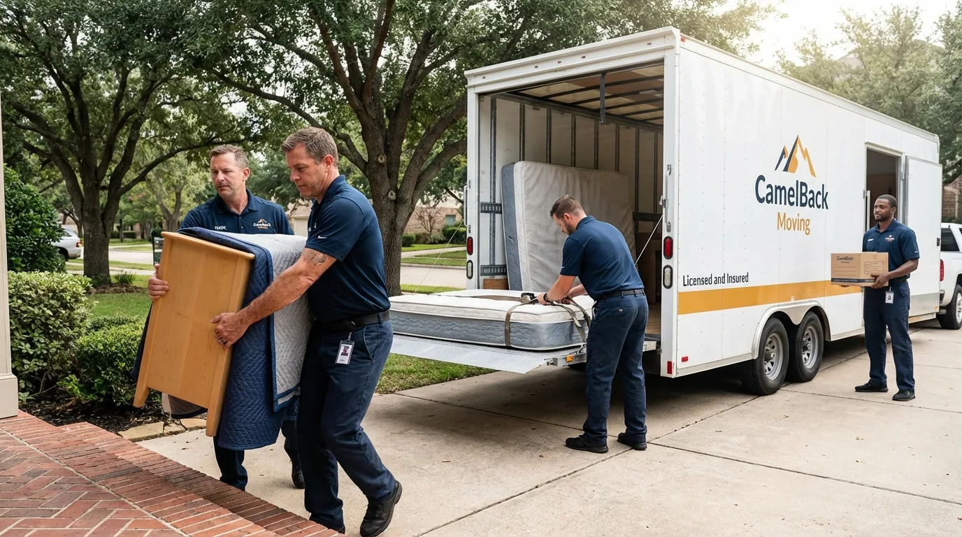 Crew loading residential truck for cross-state move from Brownstown, IN