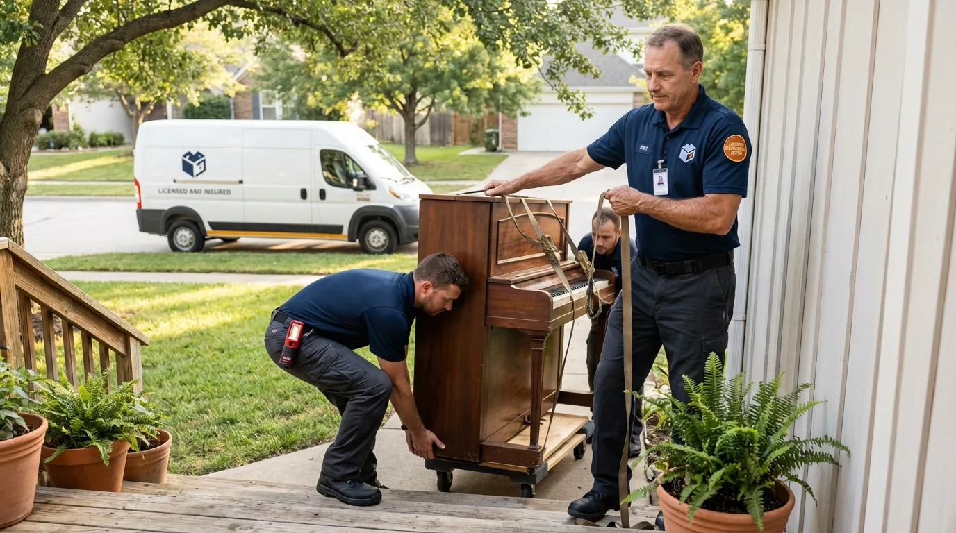 Licensed piano movers securing grand piano in Brownstown, IN