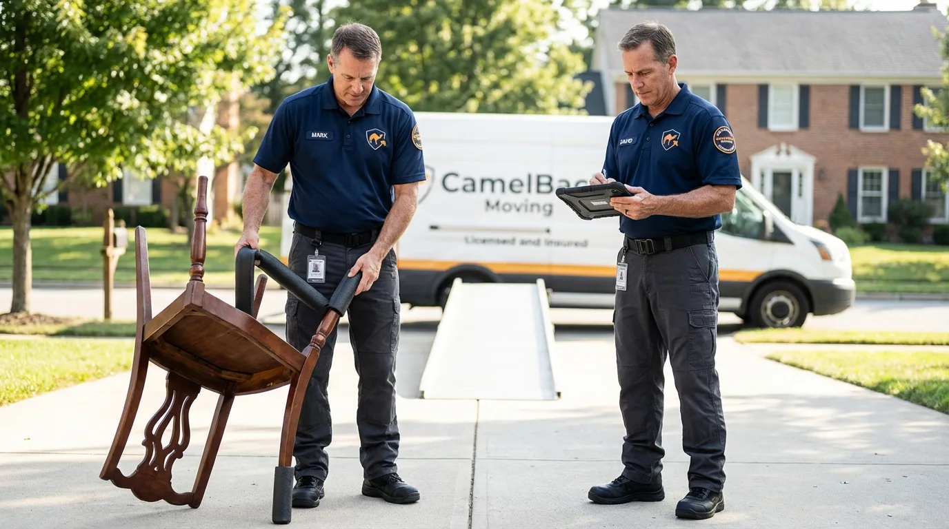 Movers inspecting furniture for damage prevention before loading in Brownstown, IN