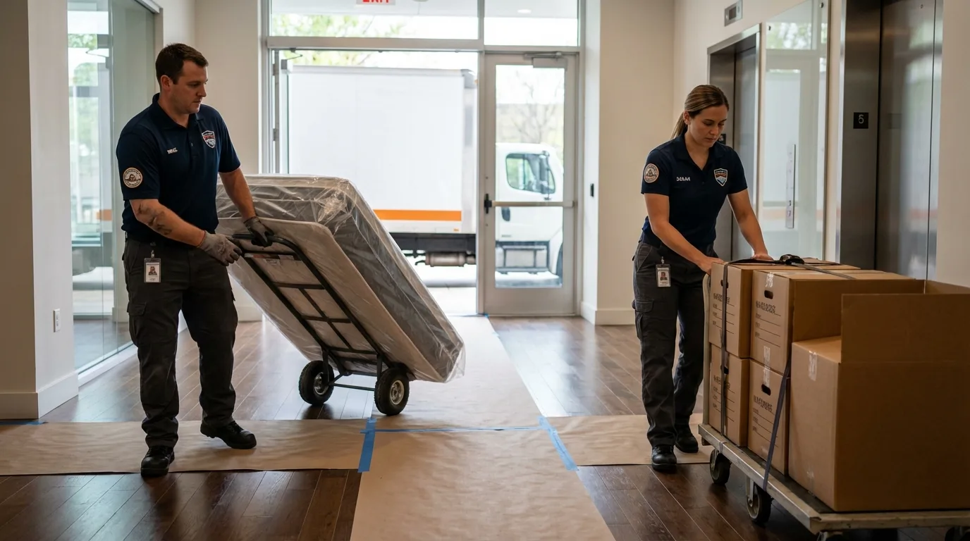 Professional apartment movers loading elevator in Brownstown, IN