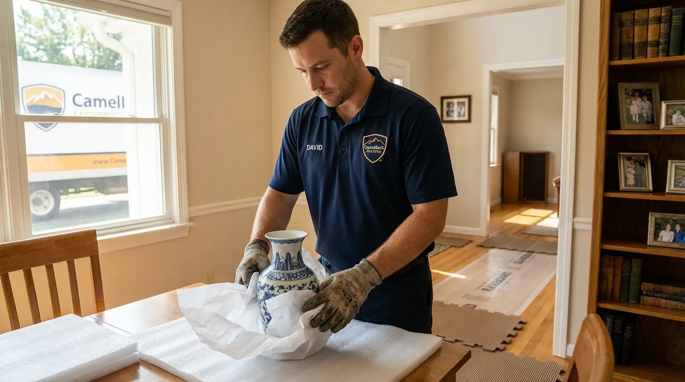 Professional crew carefully wrapping antique vase for senior downsizing move in Brownstown, IN